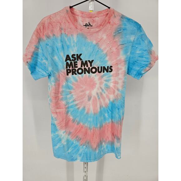 Phluid Project Sz S Ask Me My Pronouns Tie Dye Short Sleeve T Shirt Pink Blue - Picture 1 of 3